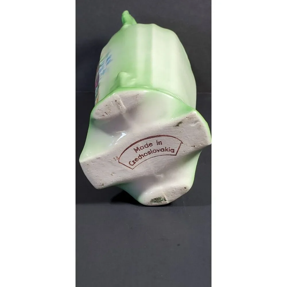 Vintage Green Floral Double Handle Made in Czechoslovakia Porcelain Vase Urn